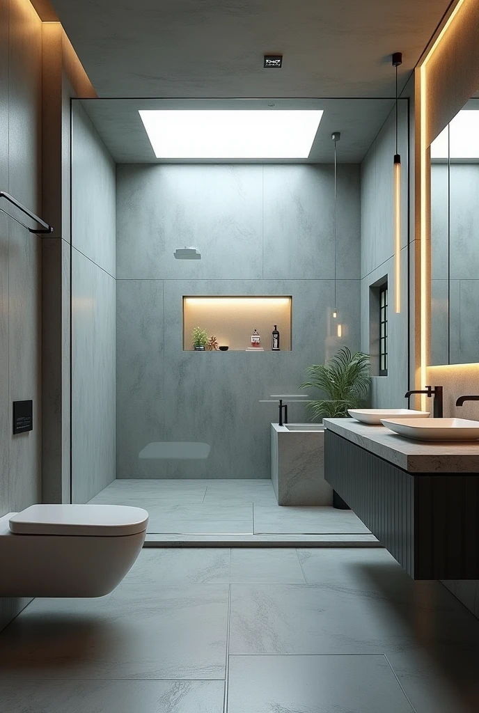 bathroom contemporany, ultra-realistic , 8k, ultra realistic render , 4K , photo realist , glass box up to the ceiling , metal therefore , matte gray floor , stone countertop , small window with frosted glass 