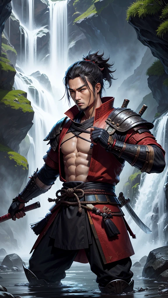 samurai warrior, man, without armor, oriental, holding a katana, in a waterfall where the water falls, rpg traits, d&d style, fantasy, magic, d&d style, digital paint, rpg traits