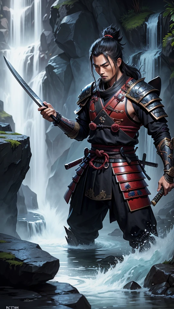 samurai warrior, man, without armor, oriental, holding a katana, in a waterfall where the water falls, rpg traits, d&d style, fantasy, magic, d&d style, digital paint, rpg traits
