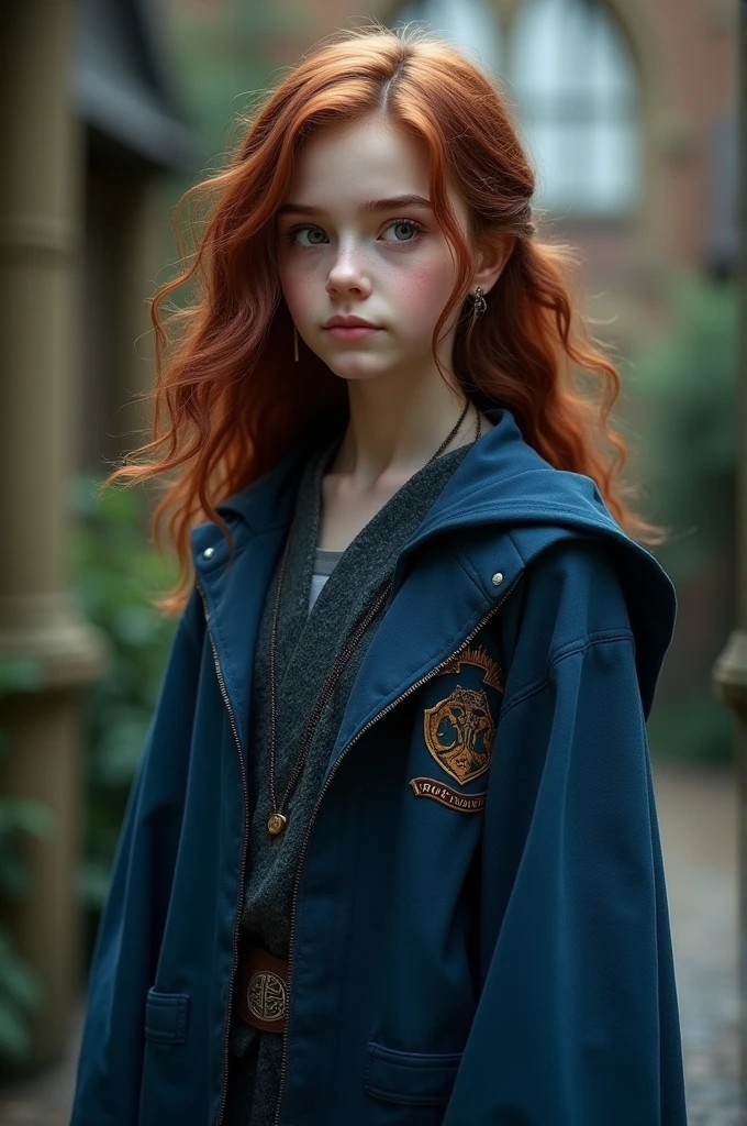 Create a character for a Harry Potter RPG that I participate in with the following characteristics: Hermione Granger inspired girl with medium length dark magenta reddish brown hair; with eyes that vary between green, gray and light brown; fair skin and blue Ravenclaw witch robes