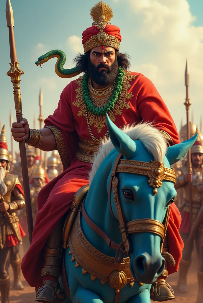 A king's complexion is fair or he has a Tulsi garland in his neck. He has a jevlin on his forehead. The king has a Rajasthani turban on his head. He is riding on a blue colored horse. The horse is also very powerful and is also very beautiful. Along with the horse, a snake is also walking with his he wear red dress like a king
King is roar and angry and attack to thier enemy in war king is surrounded by a Soldier who keep a jevlin and shields on his hands and the king is fight against him