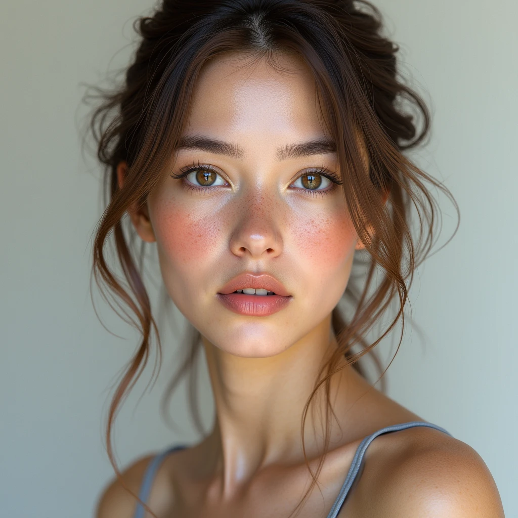 a young woman with striking features. She has fair skin with visible freckles, light eyes, and full lips. Her hair is straight and loose, with a slightly messy part. Her facial expression is serene and confident, and the soft lighting highlights her features. The background is neutral, which helps to focus on the central figure.
