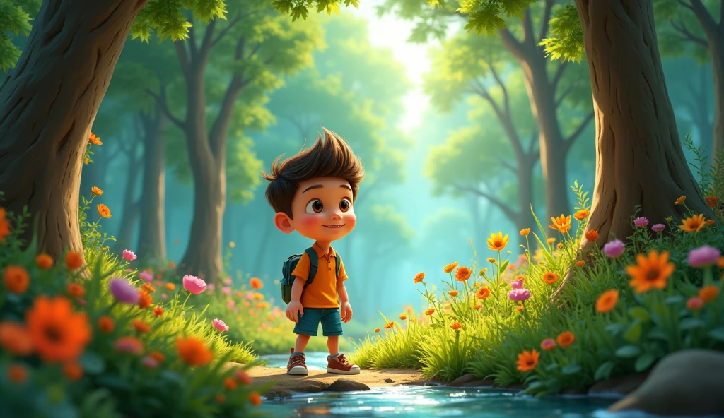 รูปภาพเด็กผู้ชายสำหรับเรื่องราวในวิดีโอ YouTube ในรูปแบบ Pixar, เขาเป็นอัลลาเบสเตอร์ตัวน้อย, เขาเป็นผู้นำชั้นเรียน, เขากำลังจะออกไป, ขี้เล่นและตื่นตัวกับสิ่งต่างๆมากมาย, ผมสั้น, The forest was thick with tall trees, and the air was filled with the songs of birds. Jack walked deeper into the woods, discovering colorful flowers, sparkling streams, and playful animals along the way.