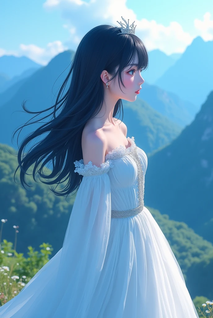 The best cell phone wallpaper, Award-Winning Wallpaper, portrait photography, In the front view is a portrait of a cute anime girl wearing white royal dress, black hair, Side view photo, Shot with Canon EOS R5, Set a strong contrast that accentuates the subject, Fluorescent blue tone, beautiful mountain and countryside background