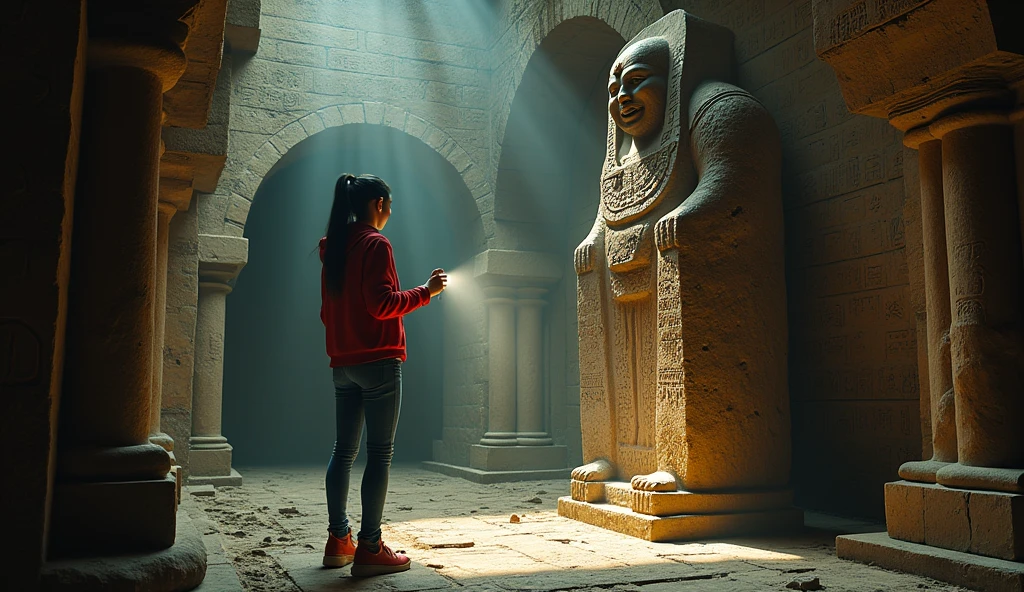  maya seed is 1342503350, wearing red shirt jacket with blue jean and holding flashlight. maya is young beautiful university girl. not with pony tail. scared and yield who is there at the ancient chamber, intricately designed statue with inscriptions in a language she doesn't recognize.