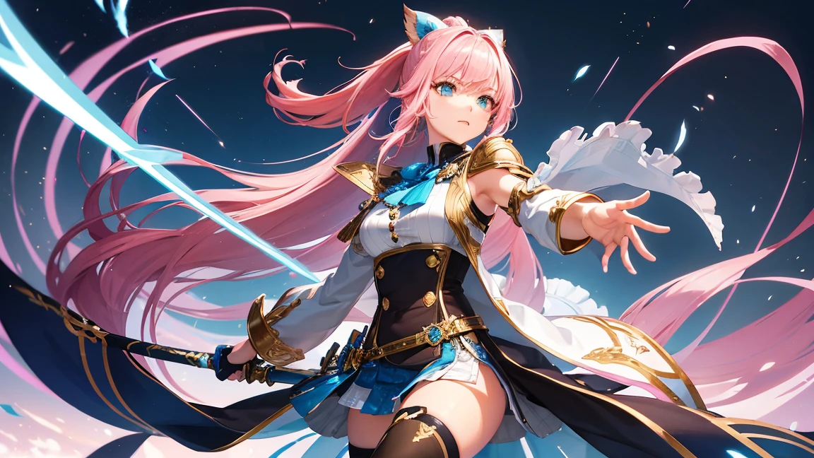 Create an image of a character named Shionne from the game Tales of Arise. She has long light pink hair, hairstyle in a high ponytail with a teal bow on top. She wears a white military-style jacket with gold buttons and a short teal skirt with black and white stripes at the hem.. Her outfit includes black argyle-patterned tights and black knee-high boots with gold detailing.. Shionne is holding a large sword that appears to be glowing, surrounded by floating, glowing bullets. His expression is fierce, with her blue eyes focused and her body posed as if she were ready for battle. Furthermore, she has a blue accessory, feather-like, On his left shoulder, adding a mystical element to your appearance."
