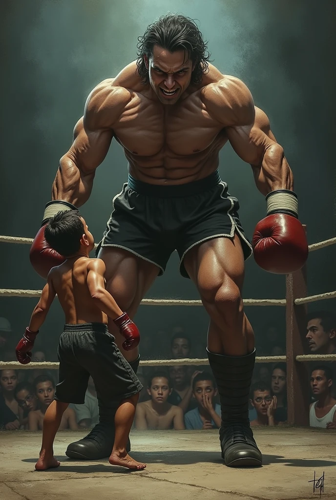 A woman boxer with incredible height fights a man who can't even reach her legs. I said woman, not man. The man gets scared and tries to run away, but the woman boxer holds him back.