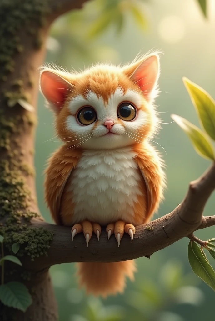 A charming hybrid of a kitten and an owl. The creature has the soft fur and tiny paws of a kitten, with the large, round eyes and feathery wings of an owl. It sits on a cozy tree branch, with its head tilted curiously, blending the cuteness of both animals perfectly.