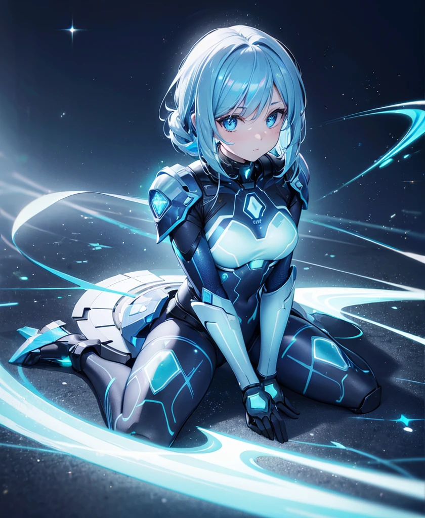 ((Holographic glow effect)),8k, Highest quality, (real:1.4), Original photo, 1 person, Asari Hair, Biological Amplifier, refined armor, posture: Peace talks between warring factions, smart blue eyes,whole body