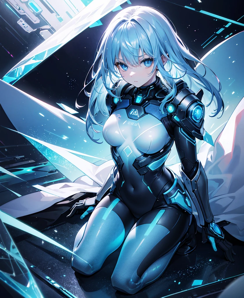((Holographic glow effect)),8k, Highest quality, (real:1.4), Original photo, 1 person, Asari Hair, Biological Amplifier, refined armor, posture: Peace talks between warring factions, smart blue eyes,whole body