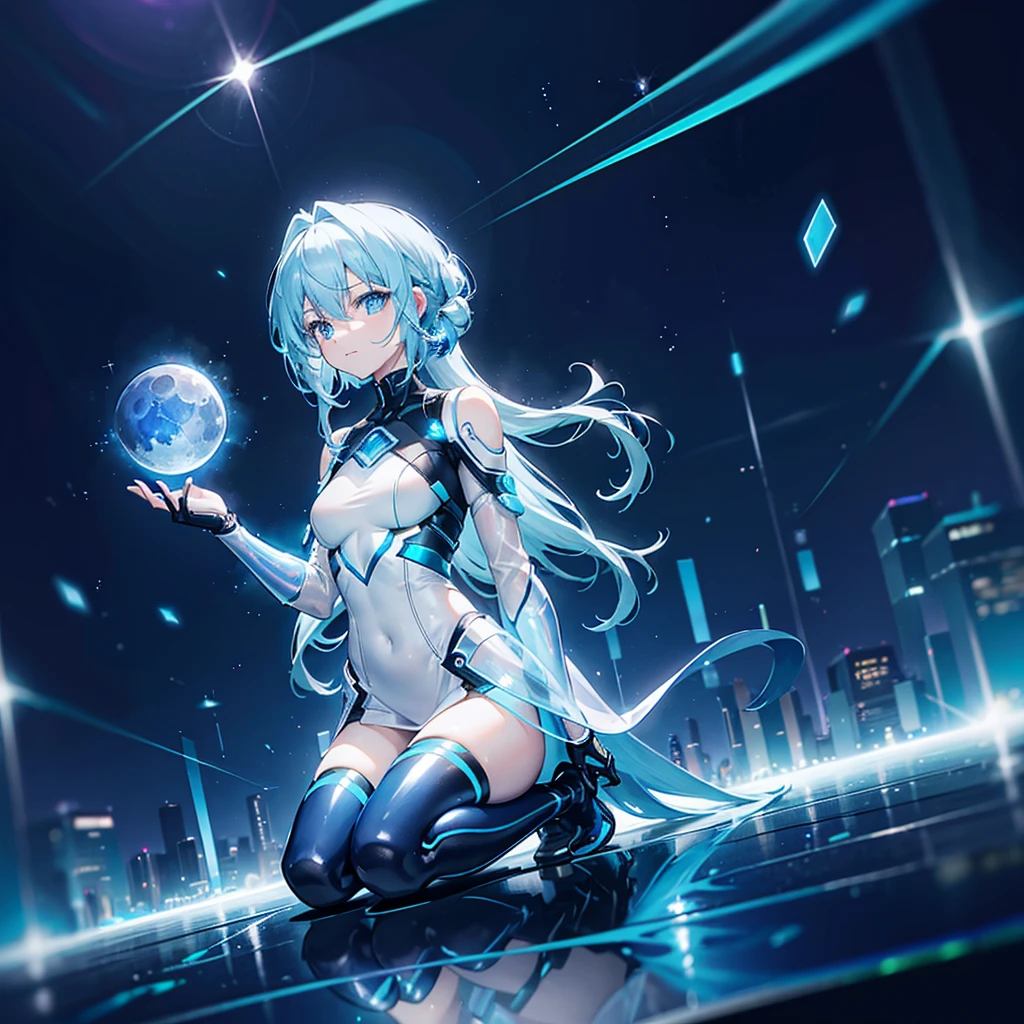 ((Holographic glow effect)),8k, Highest quality, (real:1.4), Original photo, 1 person, Asari Hair, Biological Amplifier, Very sleek and futuristic armor, posture: Peace talks between warring factions,,attention arousal, smart blue eyes,A modest smile,Knee-high boots,Patent-look blue tights,Blue big moon and blue light swirl in the background,Blue light from behind,blue light magic,A small, glowing blue ball in the palm of your hand,Blue flame swirl,Blue Comet,Polished floor,