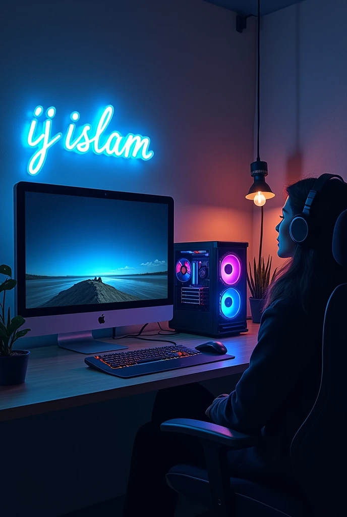 A captivating digital illustration of a personal

gaming room, exuding a dark and cozy ambiance.

The apple monitor is off, but the minimal RGB

neon lighting on the CPU and gaming keyboard

casts a soft glow. A low light from a lamp creates

shadows around the room, enhancing the moody

atmosphere. A distinct neon sign reading "Ij islam" in vibrant neon Blue colors adorns one

corner of the space. The desktop is illuminated

by a subtle RGB neon backlight, creating an
immersive and inviting gaming sanctuary. font to
be in minimal style