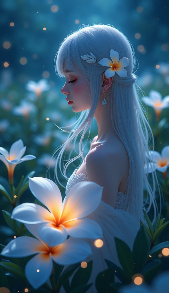 plumeria flower turned human girl, night time, fireflies, girl in the middle of the plantation of white plumeria flower, Sparkle, Silhouette, Accurate, Masterpiece, High Resolution,Hair Ornament, POV,myth, anime, Bloom, Hair Ornament, Hair Flower, Long Hair, Hair Between Eyes, Closed Eyes, Earrings, Depth Of Field, Feet Out Of Frame, wallpaper, landscape, painting style