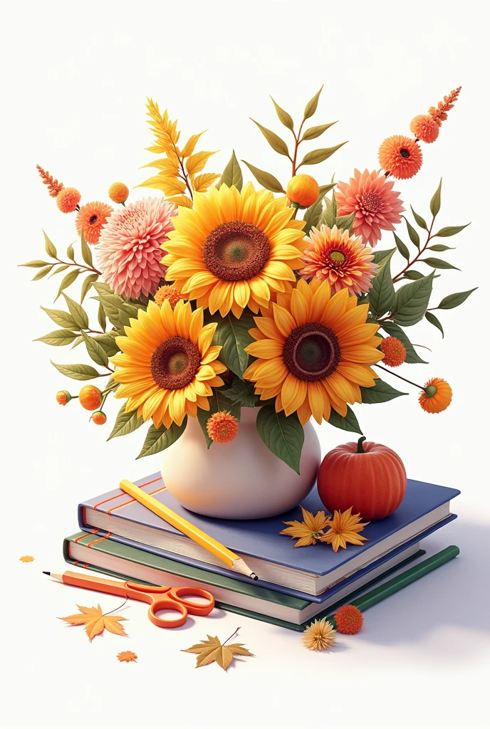 ((officially)) ((masterpiece)) ((Best quality)) ((detailed)) autumn bouquet of flowers and school supplies on white background