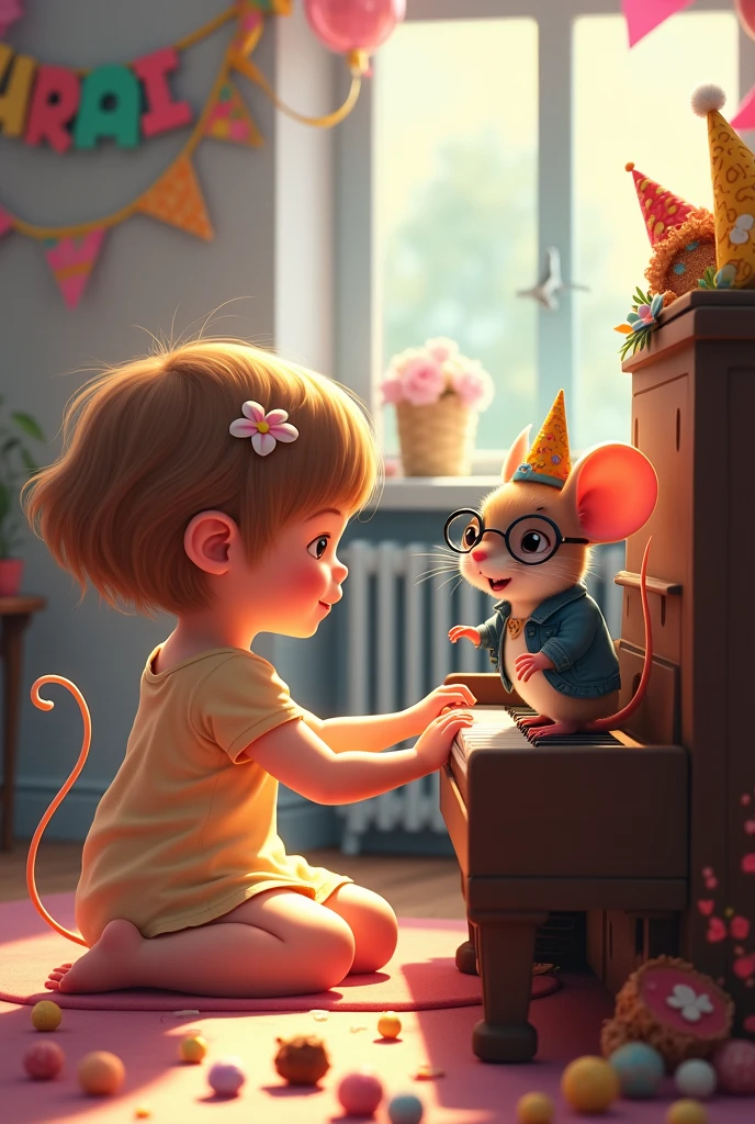 Radiator on back wall, with party decoration, chocolate and nougat and anise balls  girl  with very short hair  with light brown hair with a flower adorning one side of her hair, sitting next to a piano and playing with a beautiful, little mouse with glasses and jacket singing and dancing on the piano Birthday party for "Allison" Animated Colors Photography Anime, photo, illustration, typography, vibrant, Graffiti, portrait photographyLess