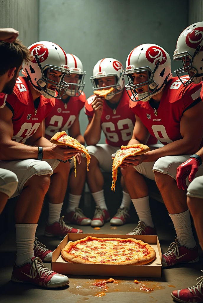men, sweating, eating pizza, wearing American football player clothes 