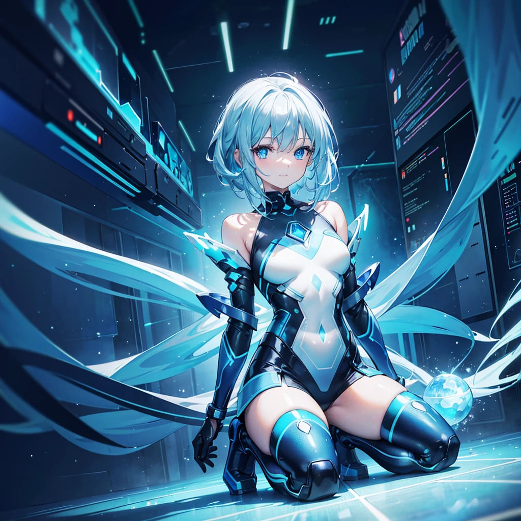 ((Holographic glow effect)),8k, Highest quality, (real:1.4), Original photo, 1 person, Asari Hair, Biological Amplifier, Very sleek and futuristic armor, posture: Peace talks between warring factions,,attention arousal, smart blue eyes,A modest smile,Knee-high boots,Patent-look blue tights,Blue big moon and blue light swirl in the background,Blue light from behind,blue light magic,A small, glowing blue ball in the palm of your hand,Blue flame swirl,Blue Comet,Polished floor,