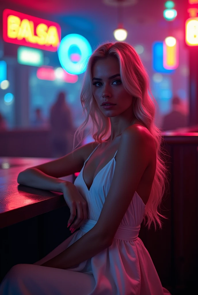 This image portrays a captivating young woman seated at a bar, her presence illuminated by the vibrant neon lights reflecting a mysterious ambiance. She is dressed in a white long dress, . Her platinum blonde, wavy hair and deep, reflective eyes draw the viewer into a moment of intimate allure. The neon signs in the background, coupled with the bar’s colorful lighting, create a striking contrast that highlights her features, giving the scene a moody and cinematic feel. This setting is perfect for themes exploring nightlife, or the quiet confidence of solitude in a bustling environment.