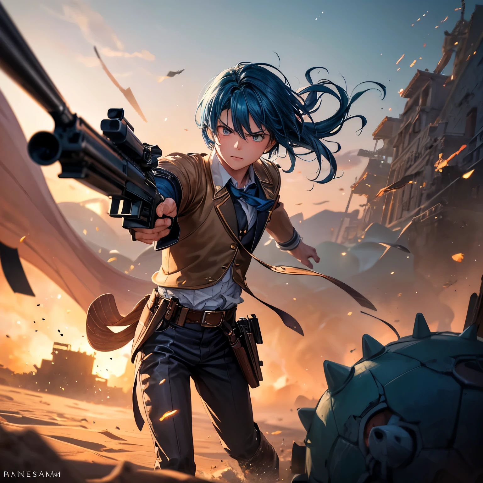 "Micro zoom photograph with a low-angle perspective of a fierce battle at twilight. A handsome young boy with sea blue hair in an anime style, dressed in a vintage 1870s cowboy outfit, is seen in dynamic motion, firing a rifle at a massive mutant sandworm emerging from the desert sands. The action scene captures the intensity with fragments of the sandworm exploding upon impact, pieces scattering through the air. Bullet trails and debris ripple across the sandy ground, as the force of the impact sends sand flying. The scene is framed between two aged buildings in a desolate town, with the soft glow of the setting sun highlighting the dramatic shadows and subtle blur from the motion, adding a cinematic feel to the moment."