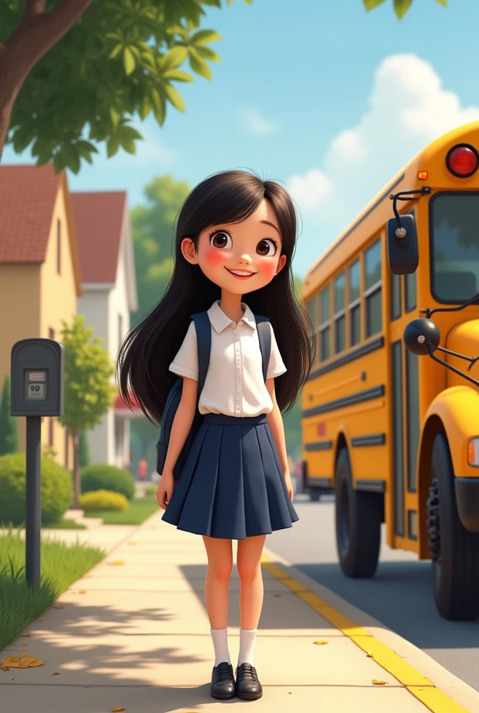 Generates a Disney Pixar type image of a white girl with long black hair arriving from school in uniform and getting off the bus