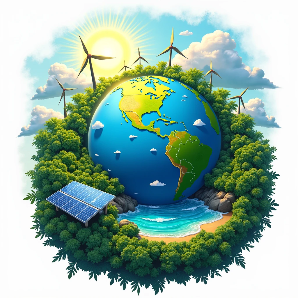 Design a t-shirt featuring A design showcasing planet Earth covered in greenery, with solar panels and wind turbines integrated into the landscape, promoting a message of sustainability and eco-consciousness.