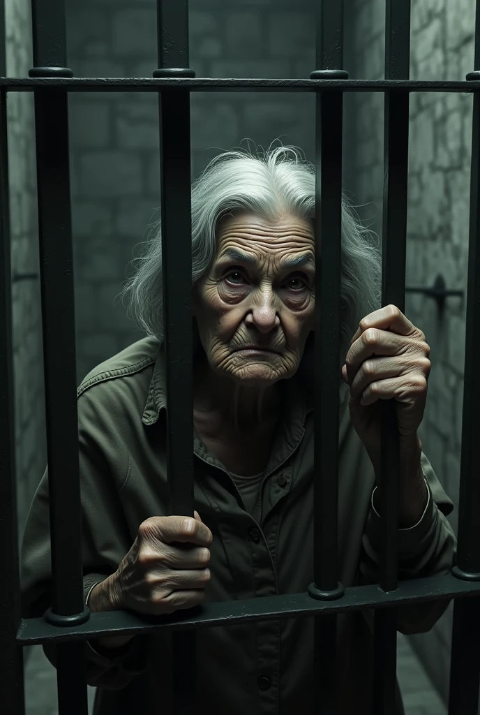 An elderly lady with a sad look behind a large prison