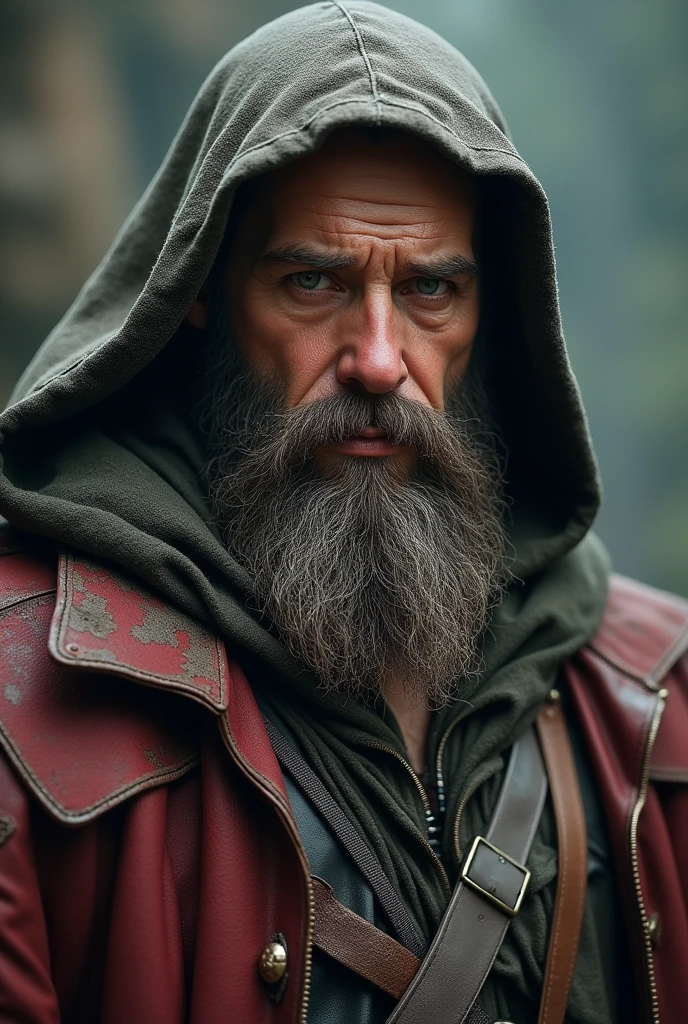 Bearded mountain man Homeless hooded  Pirate We all dream of being a knight and having something to fight for and a love to defend. 3D effect,, detailed face and body, expressive eyes, intricate detail, natural pose, hyper realistic, master piece,, trending on artstation, sharp focus, studio photo, 