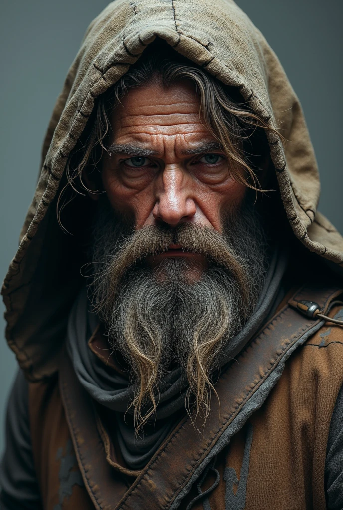 Bearded mountain man Homeless hooded  Pirate We all dream of being a knight and having something to fight for and a love to defend. 3D effect,, detailed face and body, expressive eyes, intricate detail, natural pose, hyper realistic, master piece,, trending on artstation, sharp focus, studio photo, 