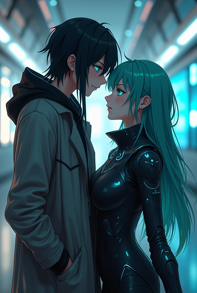 A anime boy of age 20 with a little long black hair and a little glowing blue eyes wearing hoodie like coat and his AI assistant girl with green-blue hair and wearing a cyberpunk suit in refined cyberpunk anime art style.