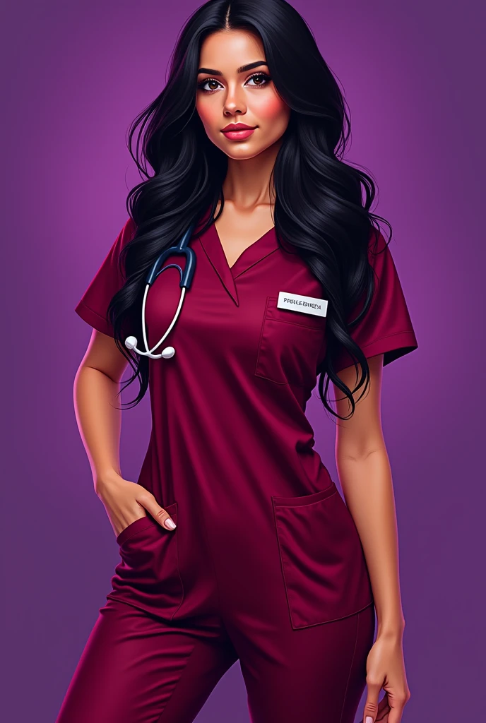 latina doctor, long dark hair, 2, burgundy uniform, purple background, animado