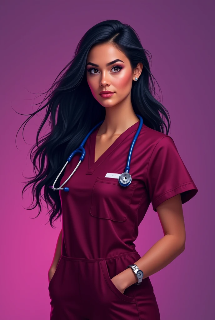 latina doctor, long dark hair, 2, burgundy uniform, purple background, animado