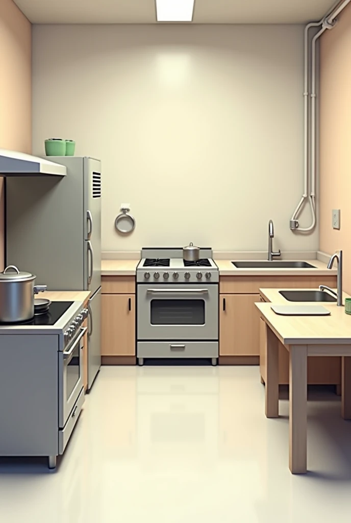 Can you ganarate me 2D picture from front 1 person view kitchen with stove in the middle with pans, on right of the stove a sink, on left of the stove an oven, next to an oven a table, next to a sink another stove and on it a pot? Interier something basic