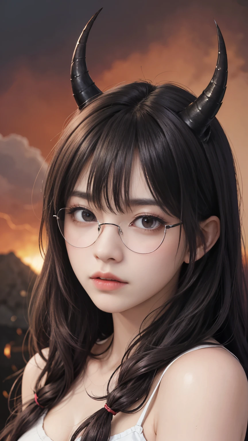 background（Black Night Sky，Big Moon），Woman close up，Wearing a white shirt、Purple Hair，Very long hair，very thick braids，Purple eyes，big 、((Glasses))、realistic girl rendering, 8k artistic german bokeh, Enchanting girl, Realistic girl, Gurwitz, Gurwitz-style artwork, Girl Roleplay, Realistic 3D style, cgstation Popular Topics,, 8kポートレートレンダリング,（truth，truth：1.4），Wear pink pajamas，巨big ，Sparkling eyes，Purple eyes、(Highest quality,4K,8k,High resolution,masterpiece:1.2),Very detailed,(Realistic,photoRealistic,photo-Realistic:1.37),Mythical monster,Beast-like creature,Muscular,Six big legs,Stand like a gorilla,Red fur covering the body,two big horns,Drill teeth,Sharp Claws,huge shape,Burning Fire Magic,Energy aura,A threatening presence,Glowing Eyes,Intimidating posture,Dark Environment,Smoke-filled air,Ominous Shadow,Majestic and fierce,Explosive power,Vibrant colors,bold,Horror art style,Moving configuration,Dramatic lighting,Rib Layer,large sharp teeth,Sharp Edges,Very detailedスケール,Burning Crack,Burning Flames,Furious look,Burning with anger,Surrounded by sparks and embers