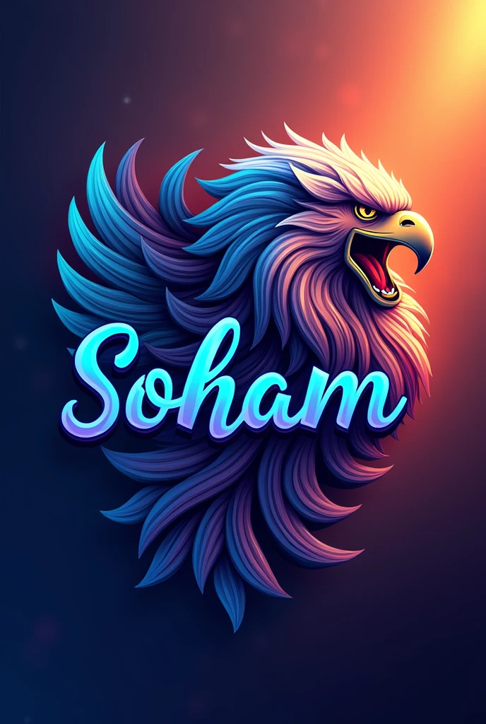 Logo of name soham  with eagle wing and lion attitude 
With colour full design  with cursive font
Blue colour 
