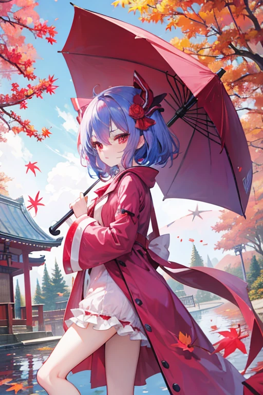 Remilia Scarlet，Blue Hair，autumn，Leisure，Pink coat，Umbrellas，Hari Shrine