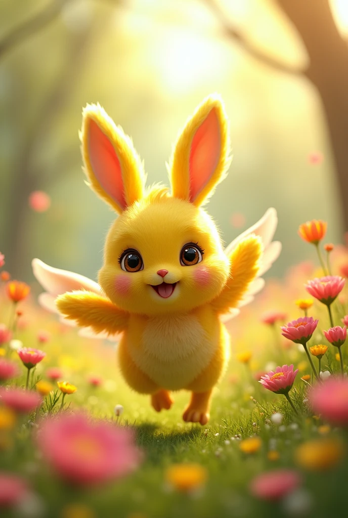 A delightful combination of a bunny and a canary. The creature has long bunny ears and soft fur, with small, delicate wings and the bright yellow color of a canary. It hops around a meadow filled with flowers, with a sweet, joyful expression on its face.