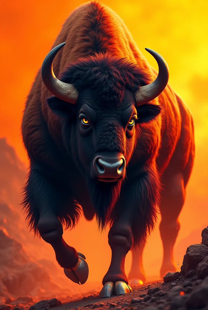 a redbull style anima bison logo on an orange background color