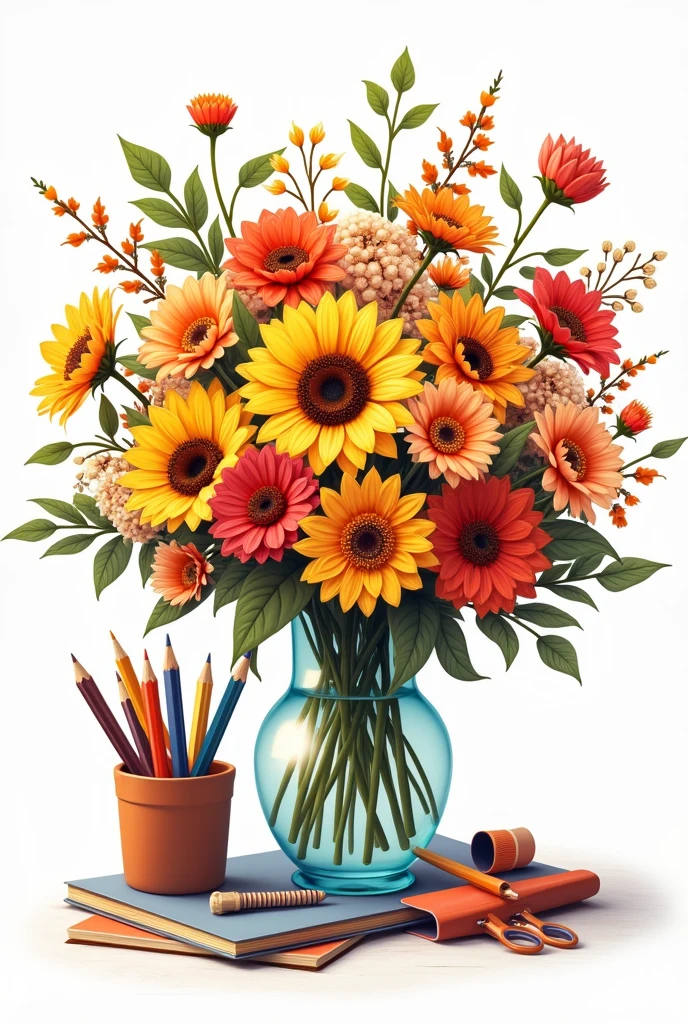 ((officially)) ((masterpiece)) ((Best quality)) ((detailed)) autumn bouquet of flowers and school supplies on white background
