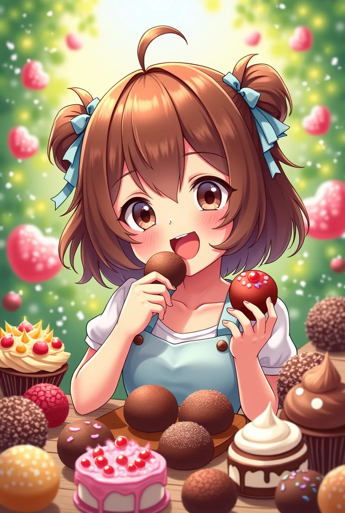 logo,Kizi, anime food, baking art, brigadiers frescas ao fundo, candies, Truffles, brigadiers, chocolates, candies finos, brownhair, comendo candies