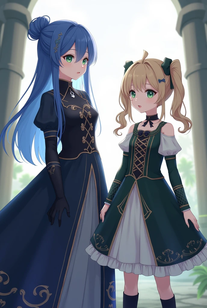 2 young girls, one with blueberry-colored hair with a bun with green eyes, long hair in front, gloves to the shoulder with a long dark blue and black dress.. The second one has two wavy pigtails and a short dark green and white dress, anime middle ages dresses gemshing impact, the two in front are the same size, young