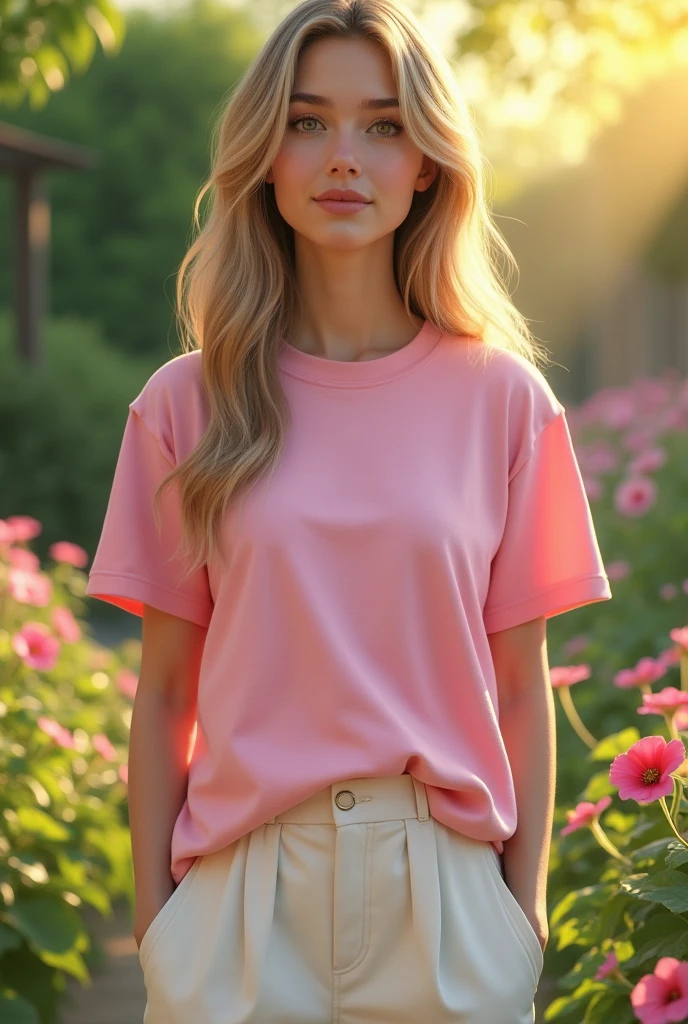 Realistic 4k girl wear the pink oversized tshirt and white trouser also with a garden
 back ground