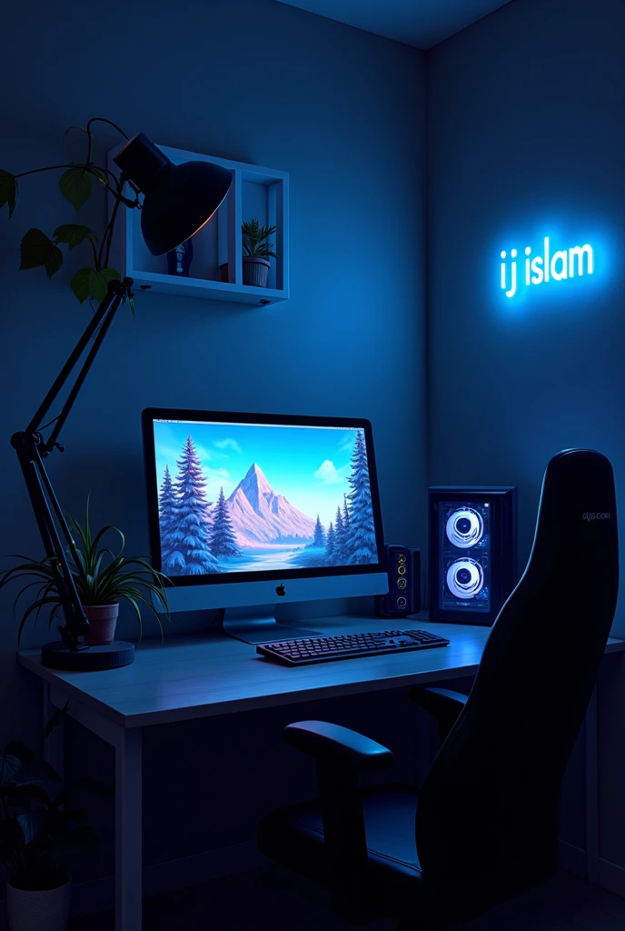 A captivating digital illustration of a personal
gaming room, exuding a dark and cozy ambiance.
The apple monitor is off, but the minimal RGB
neon lighting on the CPU and gaming keyboard
casts a soft glow. A low light from a lamp creates
shadows around the room, enhancing the moody
atmosphere. A distinct neon sign reading "Ij islam" in vibrant neon Blue colors adorns one
corner of the space. The desktop is illuminated
by a subtle RGB neon backlight, creating an
immersive and inviting gaming sanctuary. font to
be in minimal style
