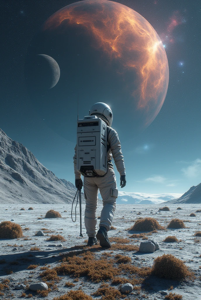 a modern farmer is working on open farmland with high-tech equipment on the moon and there are nebula waves also available