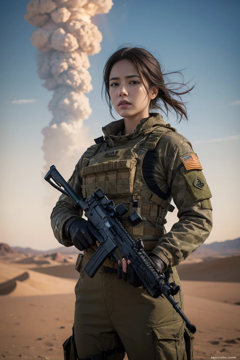 Maggie , The image is a digital artwork depicting a female soldier in a desert landscape with a volcanic eruption. Caucasian woman, highly detailed, extremely detailed, photorealistic, high detail, wallpaper award, winning hyper realistic, ultra detailed, high definition, crisp quality, Ultra realistic. RAW photo, high quality, detail, virtual photographer, photo mode, elegant, high detail, digital painting, concept art, HDR, CGI, by Jeremy Lipking, by Katsuhiro Otomo, by Raymond Swanland, by Antonio Manzanedo