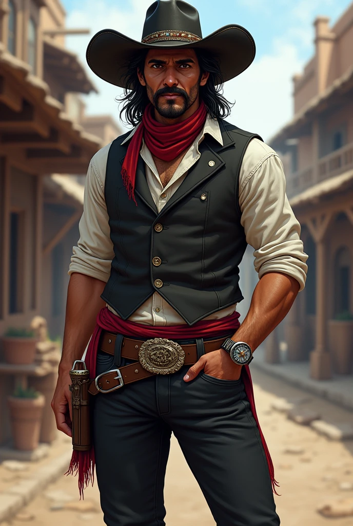 Create a full body art of a well-groomed adult Mexican street vendor with long, messy dark hair and a well-groomed mustache and goatee. He wears a dark vest and a plain white shirt. He wears a black hat. He wears black pants with a buckle. A red scarf is wrapped around his neck and boots with spurs. and his hands are in his pockets. The character should be styled in a fantasy RPG art style, set in the Wild West. He is a mature man and finished art.