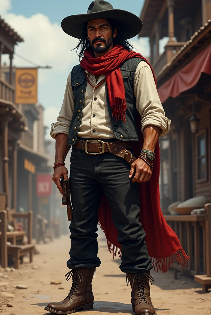 Create a full body art of a well-groomed adult Mexican street vendor with long, messy dark hair and a well-groomed mustache and goatee. He wears a dark vest and a plain white shirt. He wears a black hat. He wears black pants with a buckle. A red scarf is wrapped around his neck and boots with spurs. and his hands are in his pockets. The character should be styled in a fantasy RPG art style, set in the Wild West. He is a mature man and finished art.