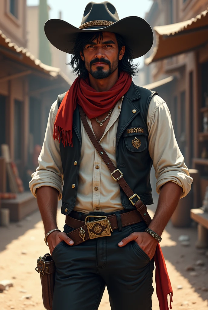 Create a full body art of a well-groomed adult Mexican street vendor with long, messy dark hair and a well-groomed mustache and goatee. He wears a dark vest and a plain white shirt. He wears a black hat. He wears black pants with a buckle. A red scarf is wrapped around his neck and boots with spurs. and his hands are in his pockets. The character should be styled in a fantasy RPG art style, set in the Wild West. He is a mature man and finished art.