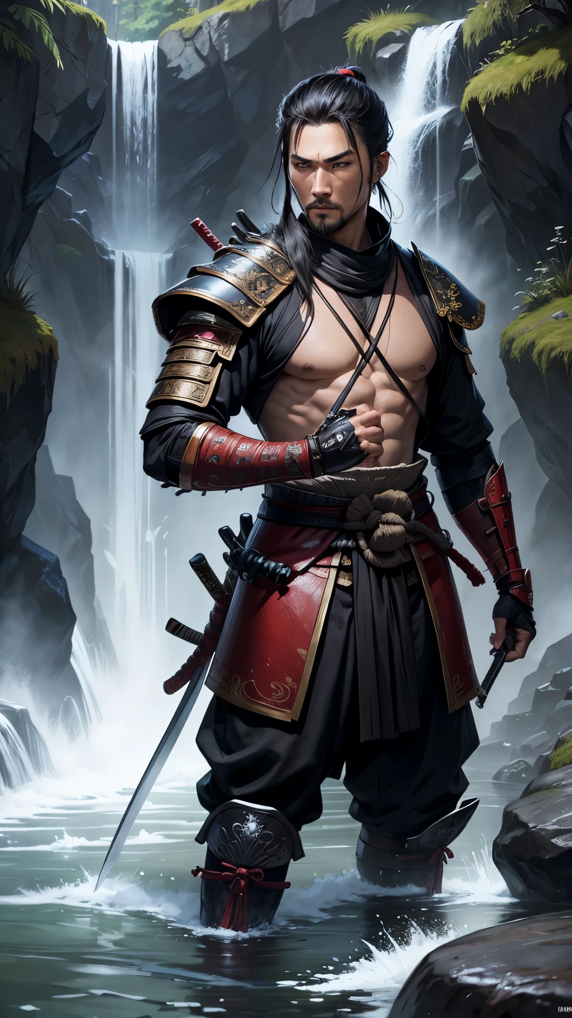 samurai warrior, man, without armor, oriental, holding a katana, in a waterfall where the water falls, rpg traits, d&d style, fantasy, magic, d&d style, digital paint, rpg traits
