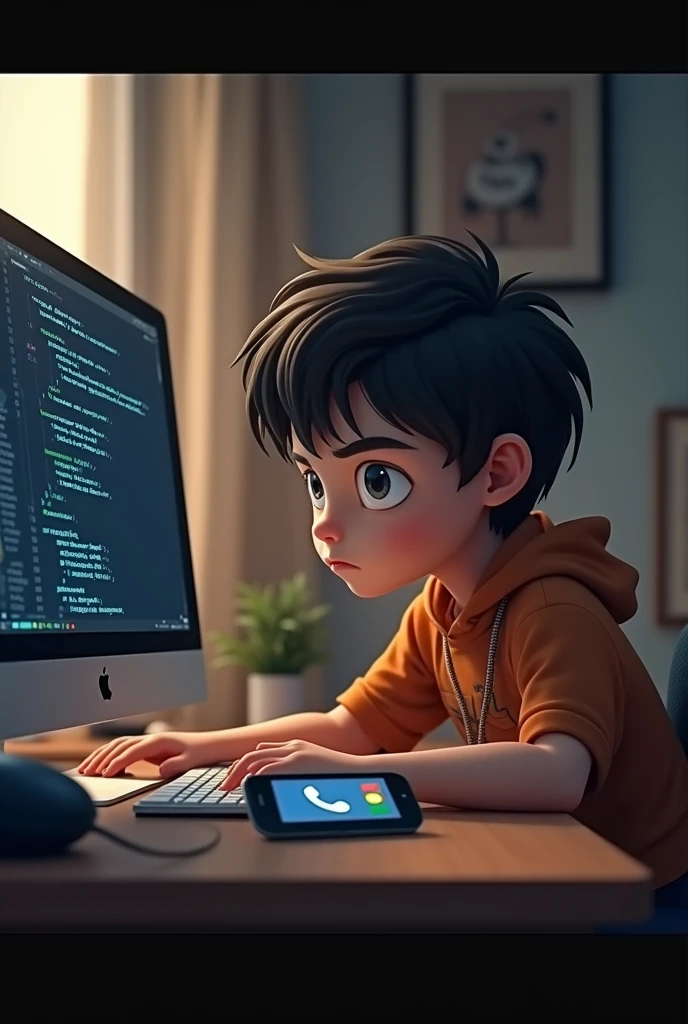 Boy programming with computer sitting on a chair phone beside him ringing and the caller name is madam