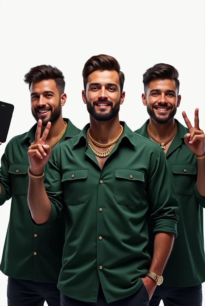 Two, three rich handsome man, wearing dark green collared shirt with front pocket, gold chains in neck, holding iphone in one hand and looking into iphone screen, and making victory sign with other hand showing to the viewer, in white background and please show full face not croped